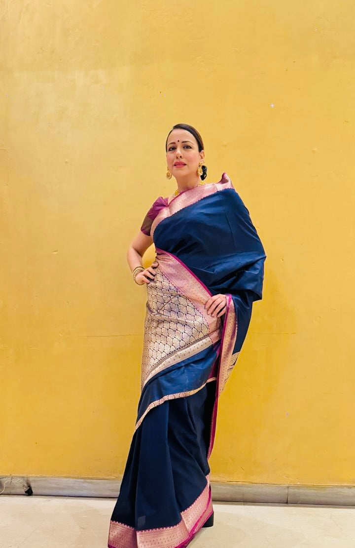 NAVY BLUE SILK PALUU BORDER SAREE