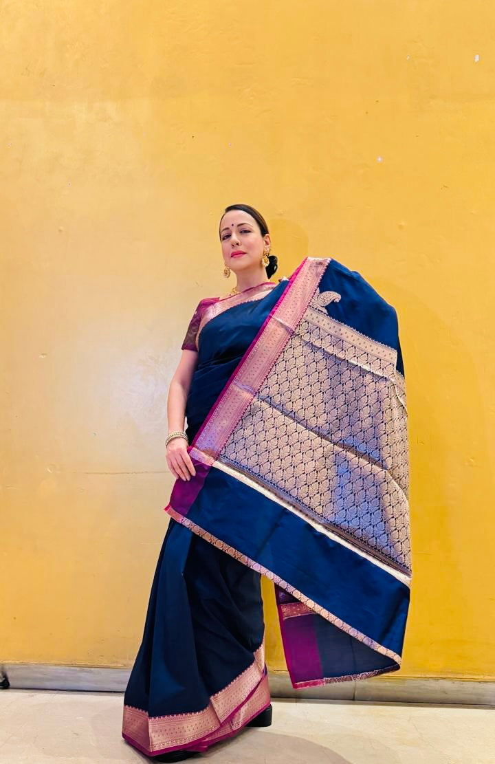 NAVY BLUE SILK PALUU BORDER SAREE