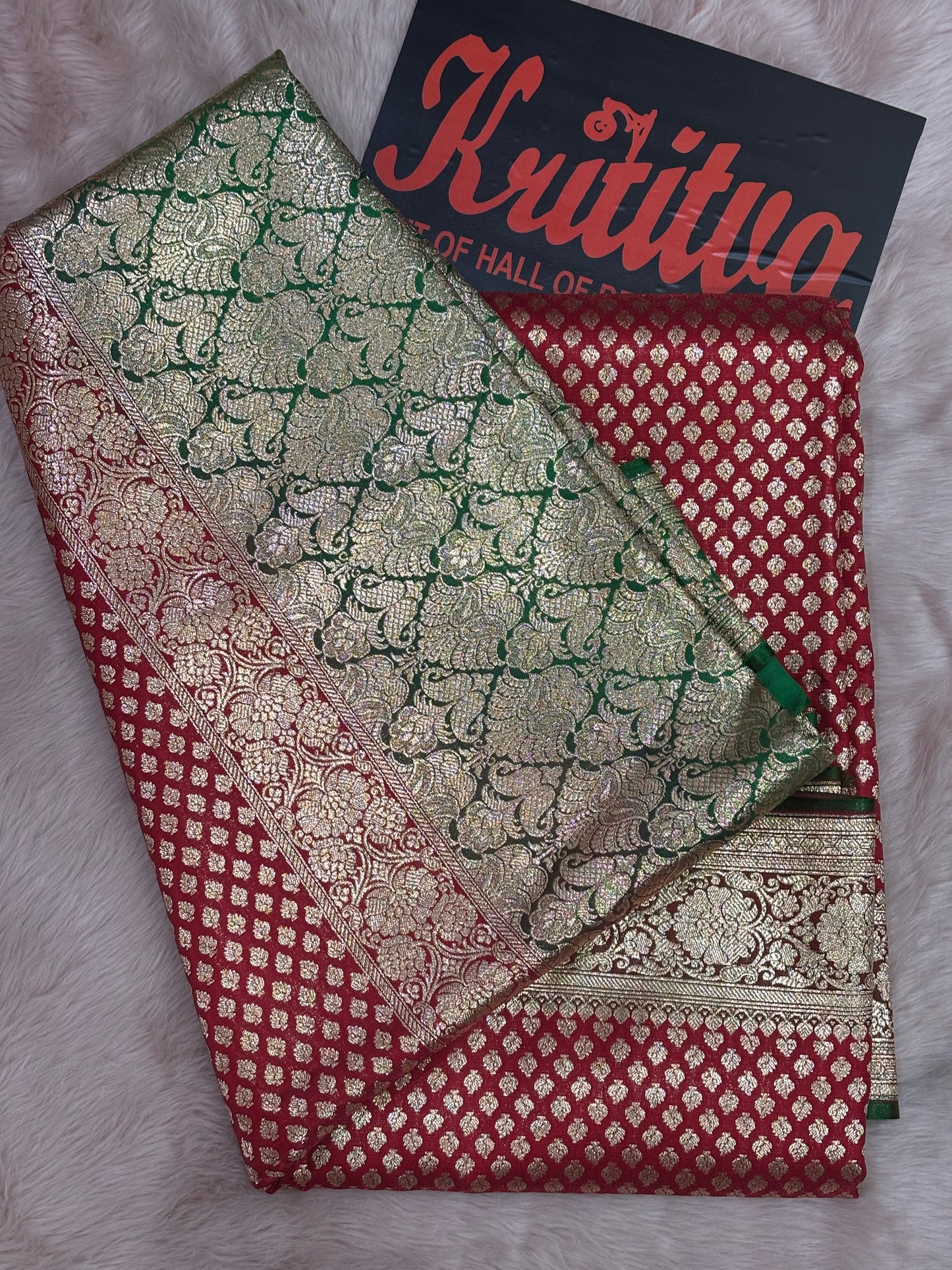 CONTRAST RED AND GREEN COLOUR BANARASI WORK TRADITIONAL SAREE