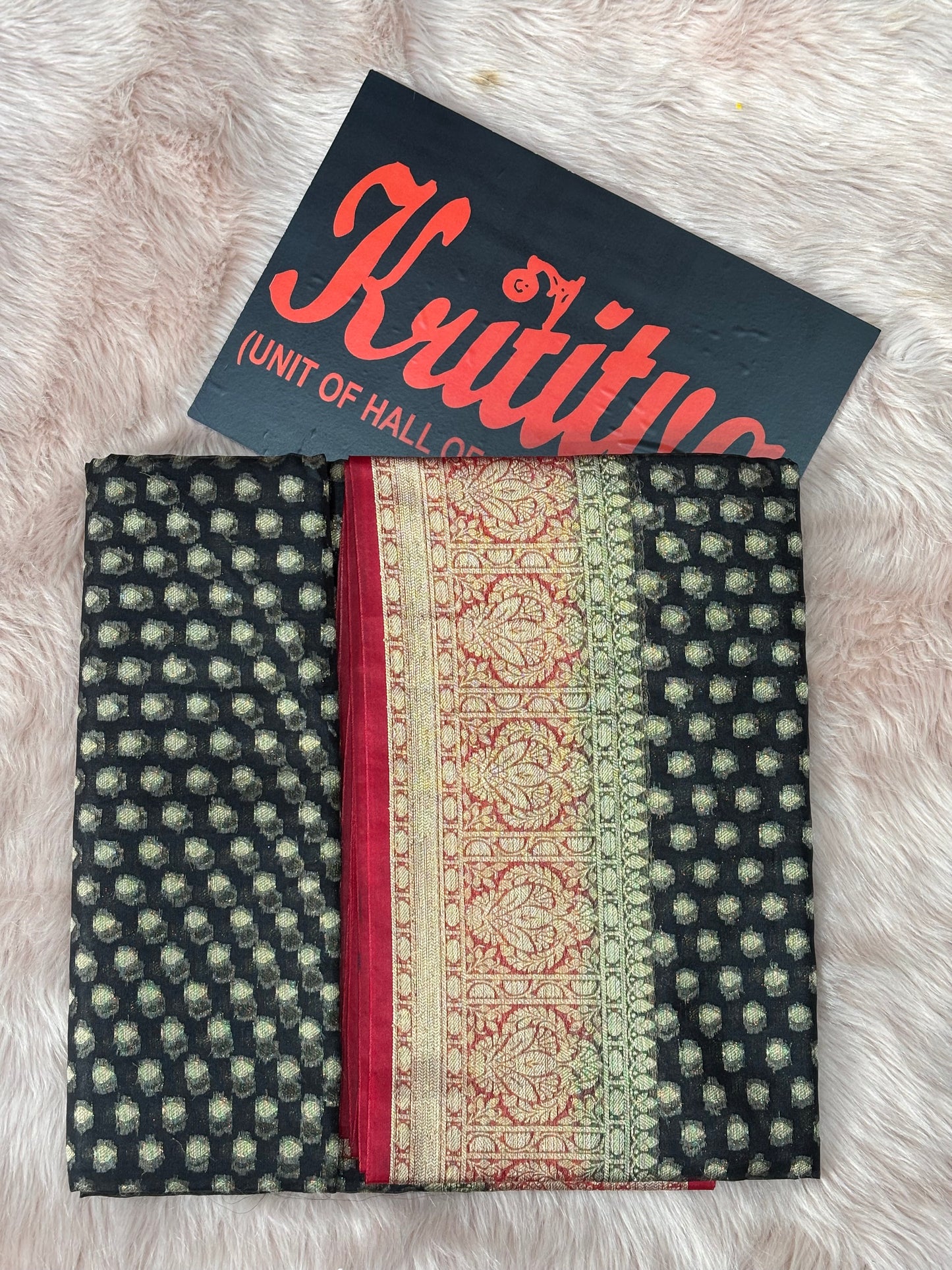 BLACK BACKGROUND SMALL BOOTIES WORK WITH CONTRAST GREEN RED BORDER AND PALLU FANCY COTTON SAREES