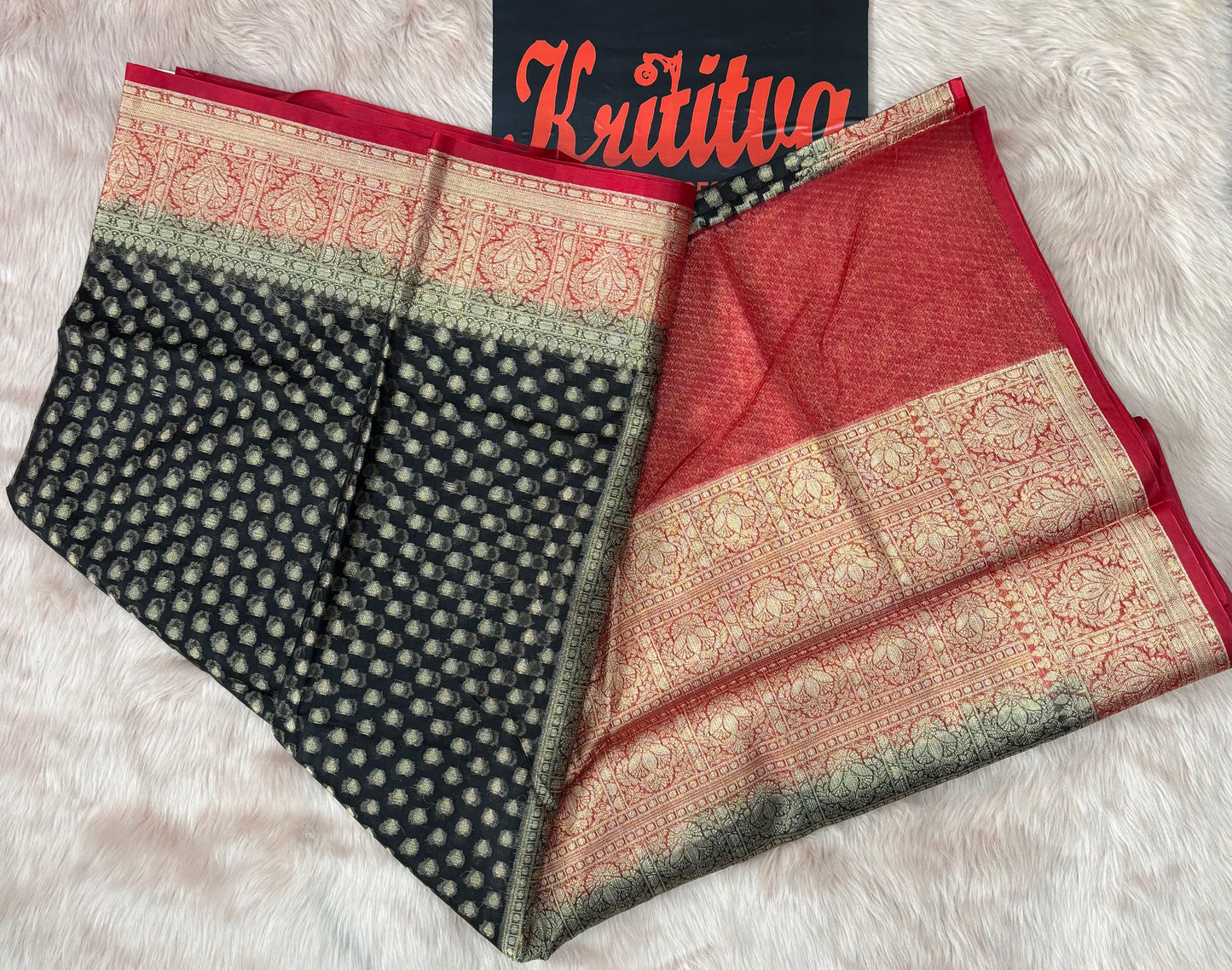 BLACK BACKGROUND SMALL BOOTIES WORK WITH CONTRAST GREEN RED BORDER AND PALLU FANCY COTTON SAREES
