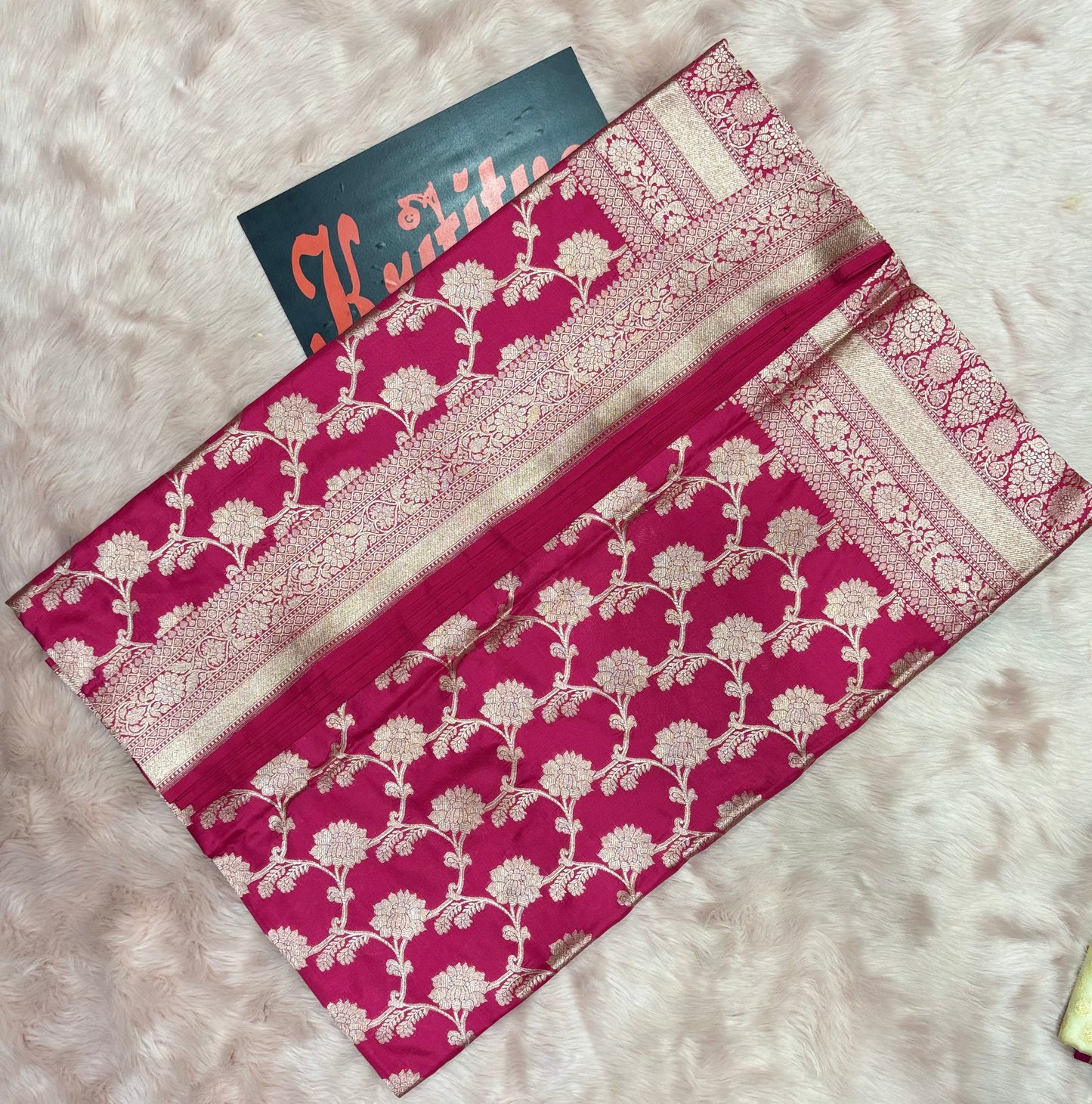 MESMERISING BANARASI PURE KATAN WEAVING FULL ZAAL BOOTIES WORK , BANARASI SAREE IN ROSE RED COLOUR