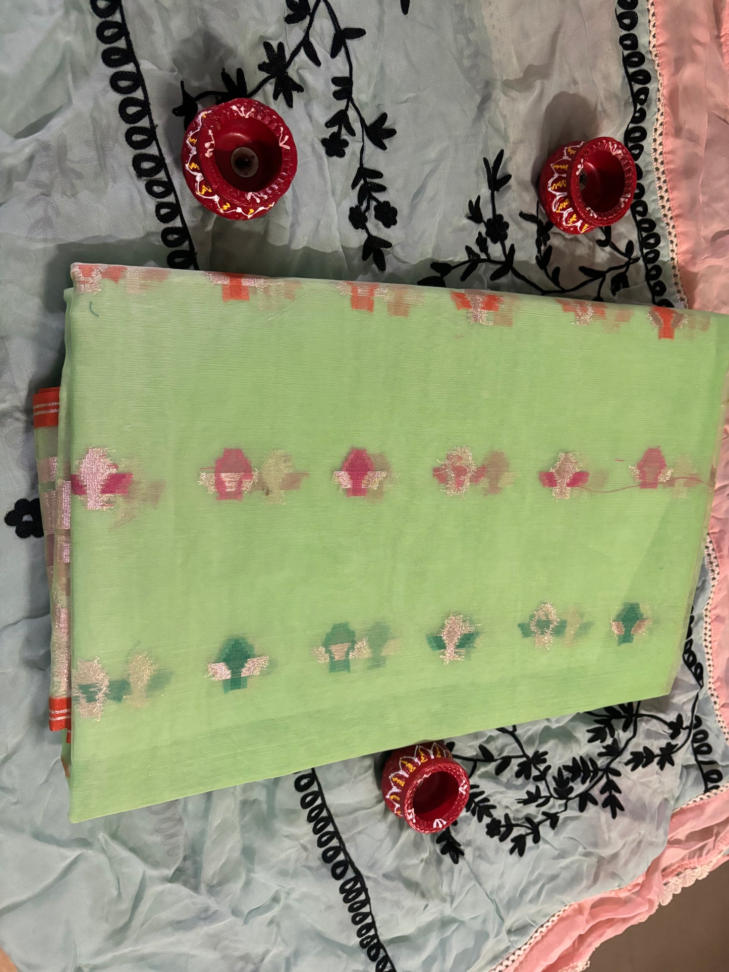 COLOURFULZARI BOTIES WHOL OVER IN GREEN ORGANZA SAREE