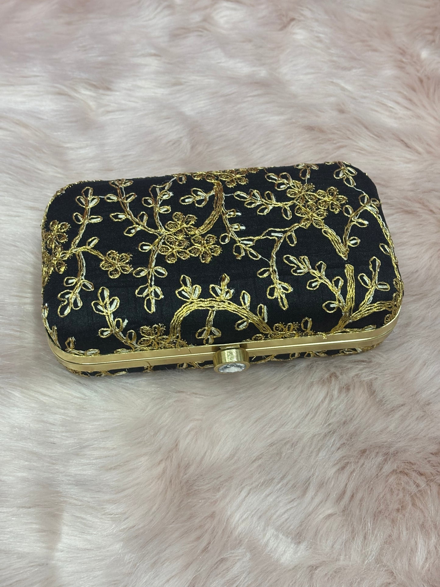 GOLDEN ZARI EMBRIODERY WORK BLACK CLUTCH