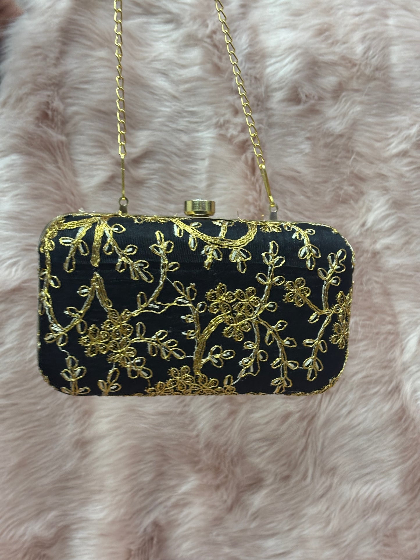 GOLDEN ZARI EMBRIODERY WORK BLACK CLUTCH