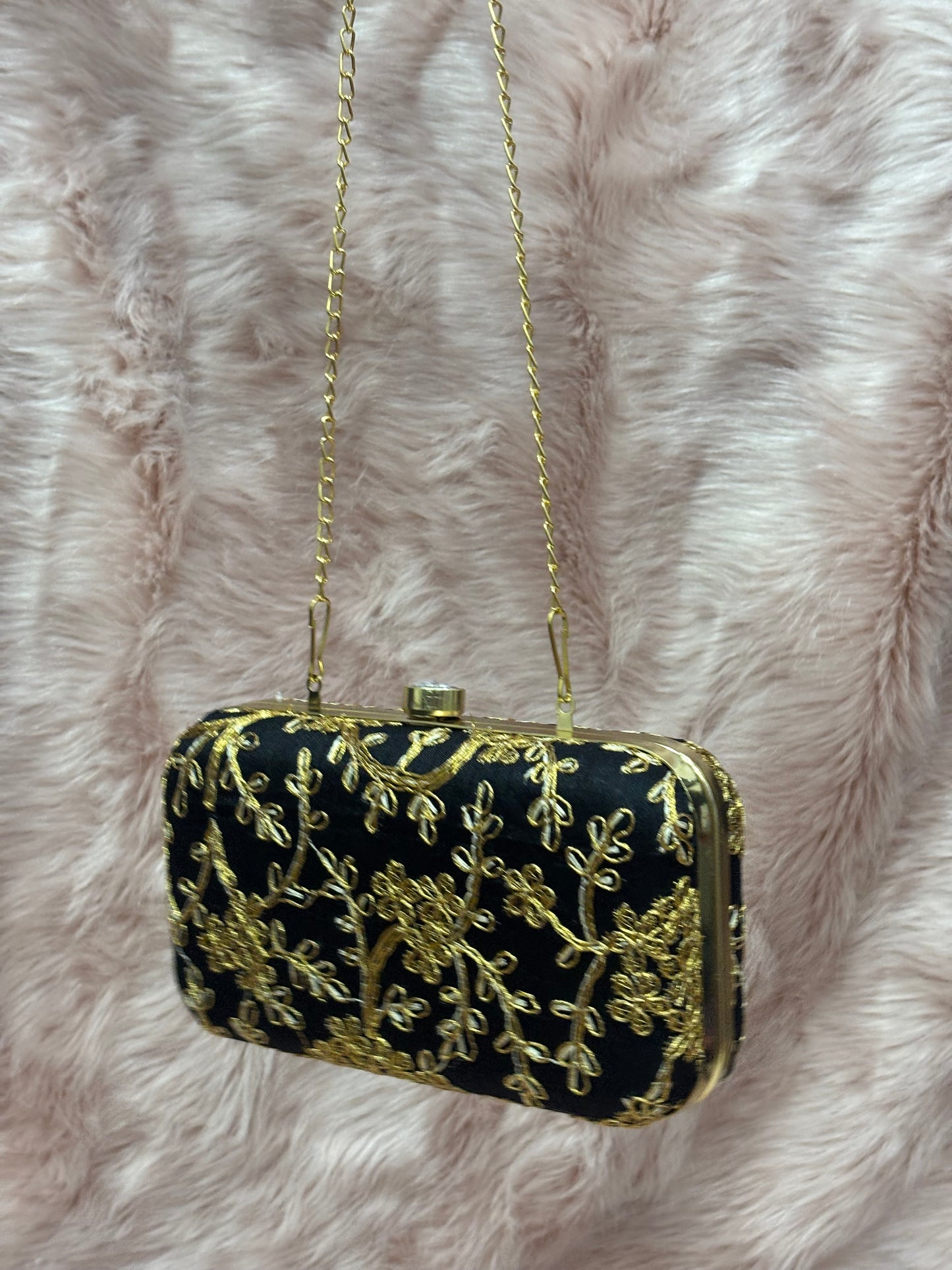 GOLDEN ZARI EMBRIODERY WORK BLACK CLUTCH