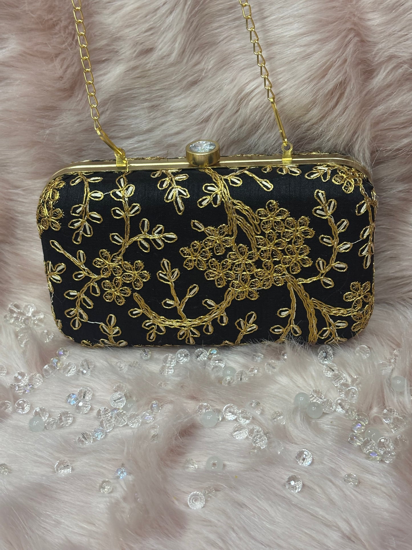 GOLDEN ZARI EMBRIODERY WORK BLACK CLUTCH