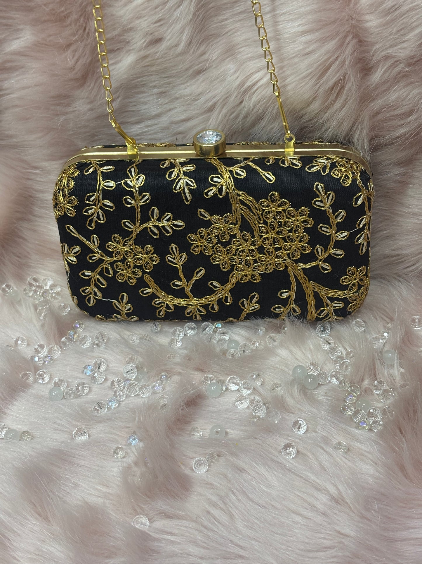 GOLDEN ZARI EMBRIODERY WORK BLACK CLUTCH