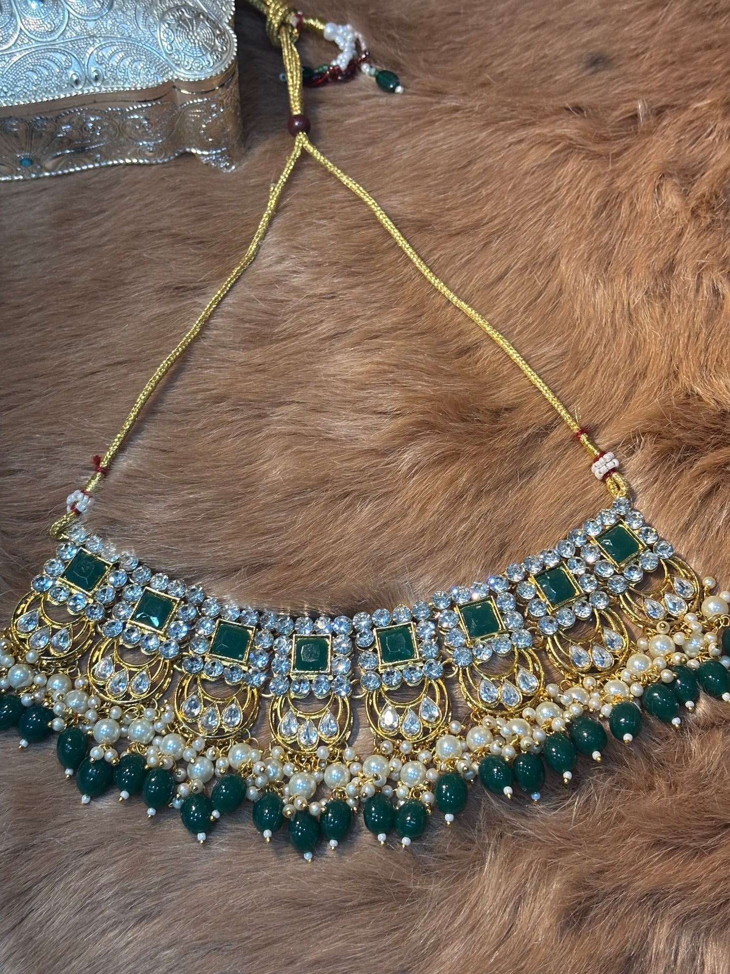 CRAFTED WITH STYLE HEAVY ,GREEN AND SILVER STONE TRADITIONAL NECKLACE SET