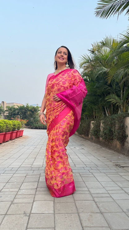 KORRA SAREE -YELLOW BACKGROUND RICH PINK ZAAL ZARI WORK IN WHOLE  SAREE