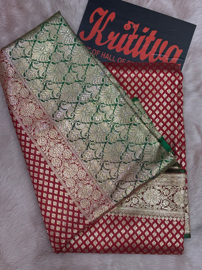 CONTRAST RED AND GREEN  COLOUR BANARASI WORK TRADITIONAL SAREE