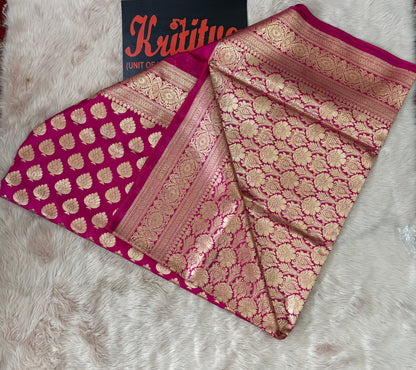 BANARASI WORK SILVER BIG BOOTIES AND HEAVY BORDER GEORGETTE ROSE RED SAREE
