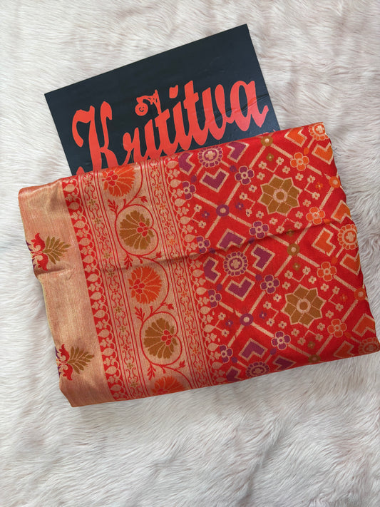 A CLASS PURE KATAN ZAAL BOOTIES BANARASI WORK SAREE IN CHARMING ORANGE , YELLOW COLOUR