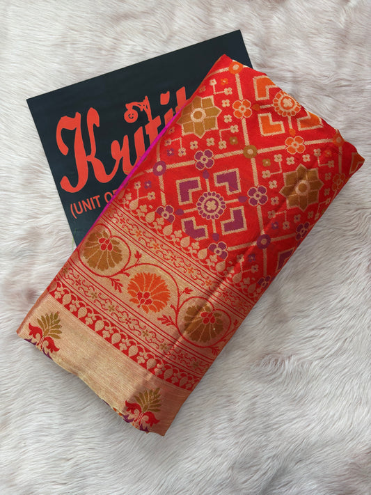A CLASS PURE KATAN ZAAL BOOTIES BANARASI WORK SAREE IN CHARMING ORANGE , YELLOW COLOUR