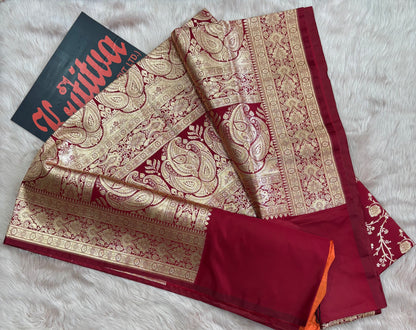 BANARASI KATAN WEAVING FULL ZAAL BOOTIES WORK ,  MESMERISING BANARASI SAREE IN RED COLOUR