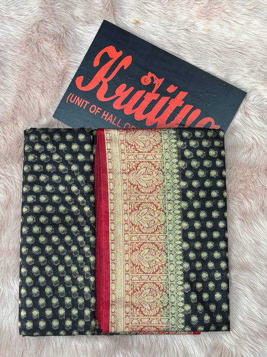 BLACK BACKGROUND SMALL BOOTIES WORK WITH CONTRAST GREEN RED BORDER AND PALLU FANCY COTTON  SAREES