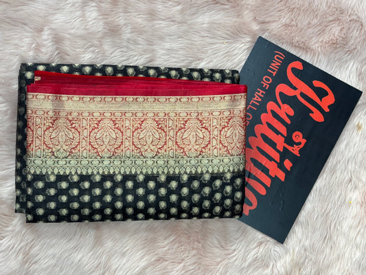 BLACK BACKGROUND SMALL BOOTIES WORK WITH CONTRAST GREEN RED BORDER AND PALLU FANCY COTTON  SAREES