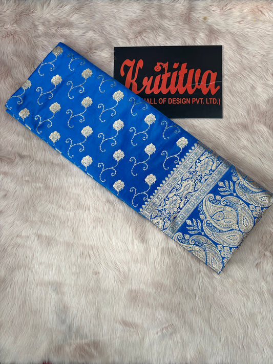 BANARASI KATAN WEAVING FULL ZAAL BOOTIES WORK FILLED SAREE IN COOL ROYAL BLUE COLOUR