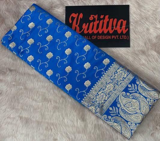 BANARASI KATAN WEAVING FULL ZAAL BOOTIES WORK FILLED SAREE IN COOL ROYAL BLUE COLOUR