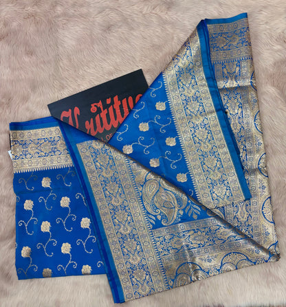 BANARASI KATAN WEAVING FULL ZAAL BOOTIES WORK FILLED SAREE IN COOL ROYAL BLUE COLOUR