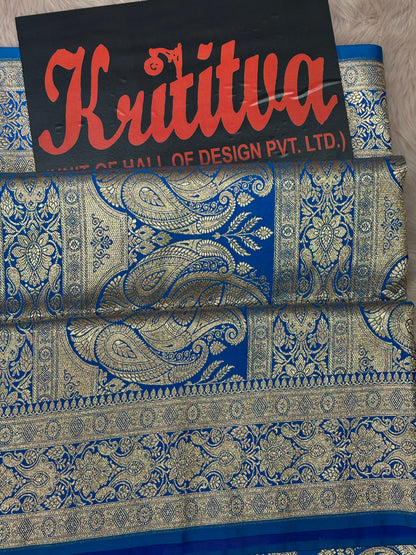BANARASI KATAN WEAVING FULL ZAAL BOOTIES WORK FILLED SAREE IN COOL ROYAL BLUE COLOUR