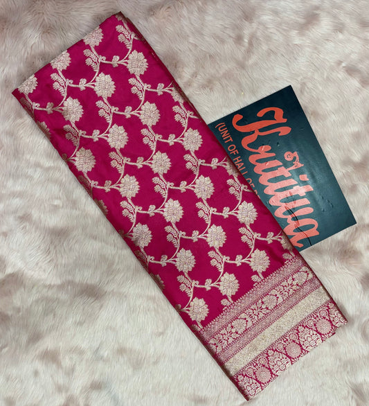 MESMERISING BANARASI PURE  KATAN WEAVING FULL ZAAL BOOTIES WORK , BANARASI SAREE IN ROSE RED COLOUR