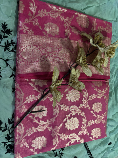 PINK SAREE WITH ZARI WORK WHOLEOVER