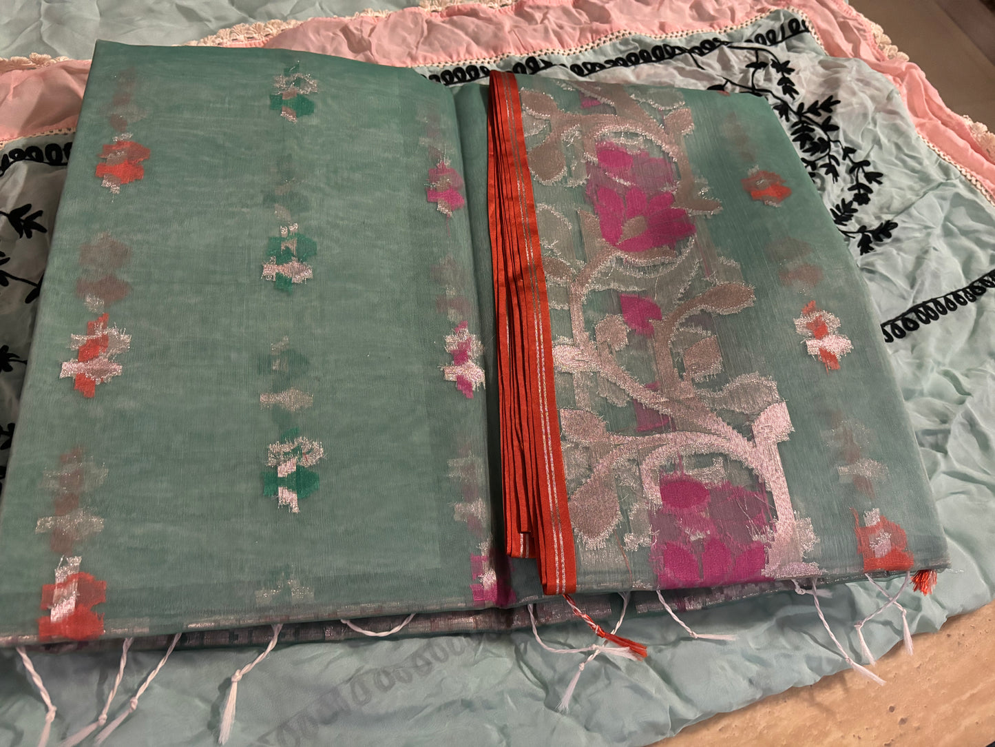 BILBAO GREEN SHADE  COLOURFUL ZARI BOOTIES WORK ORGANZA SAREE