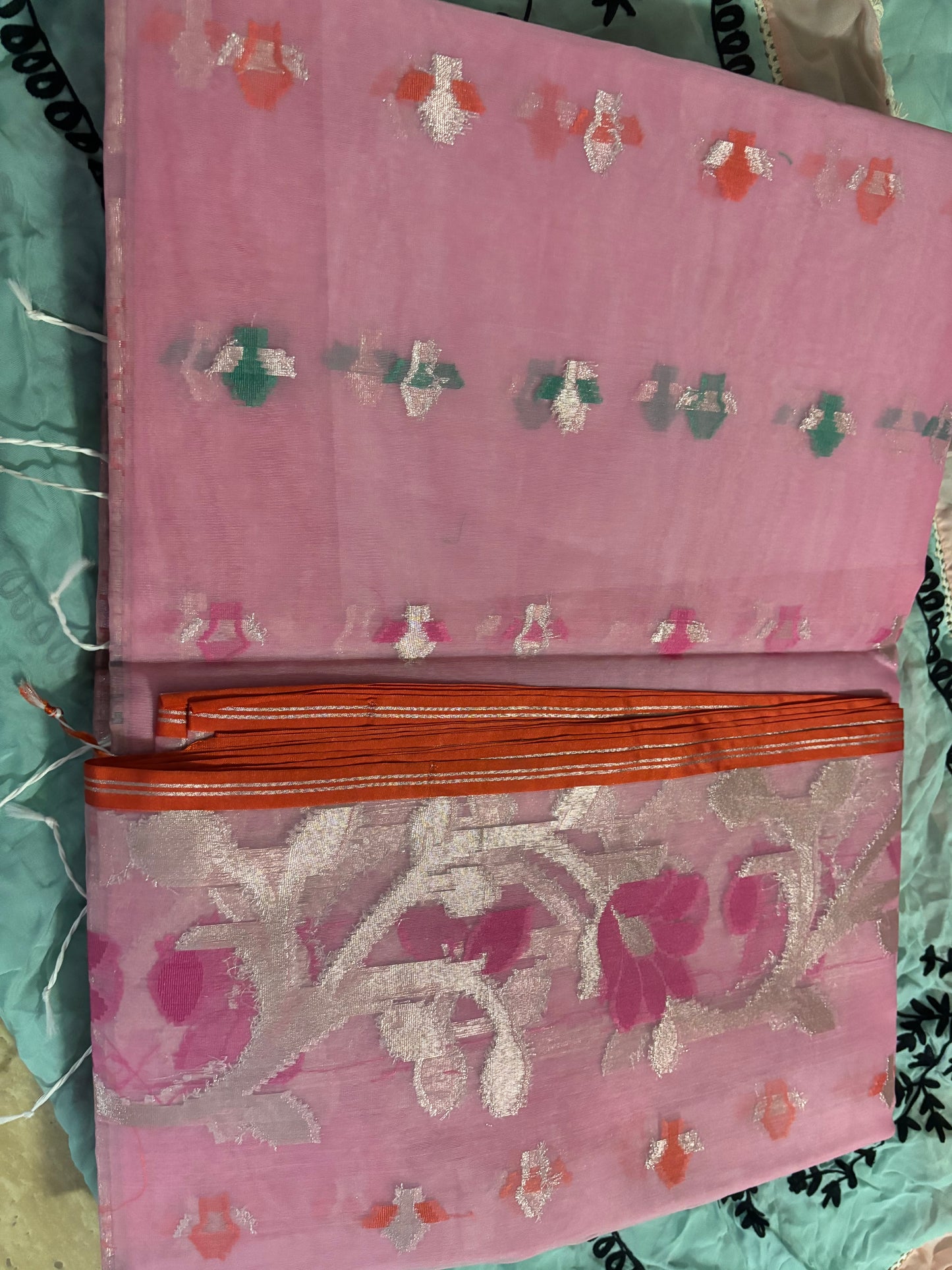 ROSE PINK BACKGROUND ,COLOURFUL ZARI WORK IN WHOLE SAREE