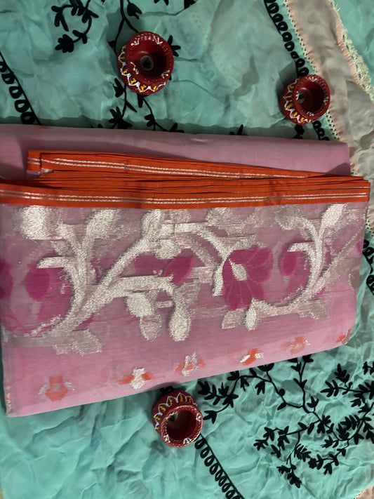 ROSE PINK BACKGROUND ,COLOURFUL ZARI WORK IN WHOLE SAREE