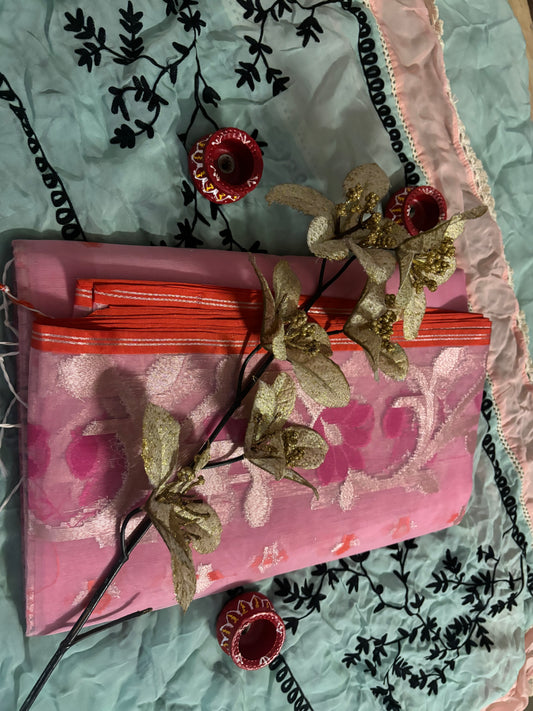 ROSE PINK BACKGROUND ,COLOURFUL ZARI WORK IN WHOLE SAREE