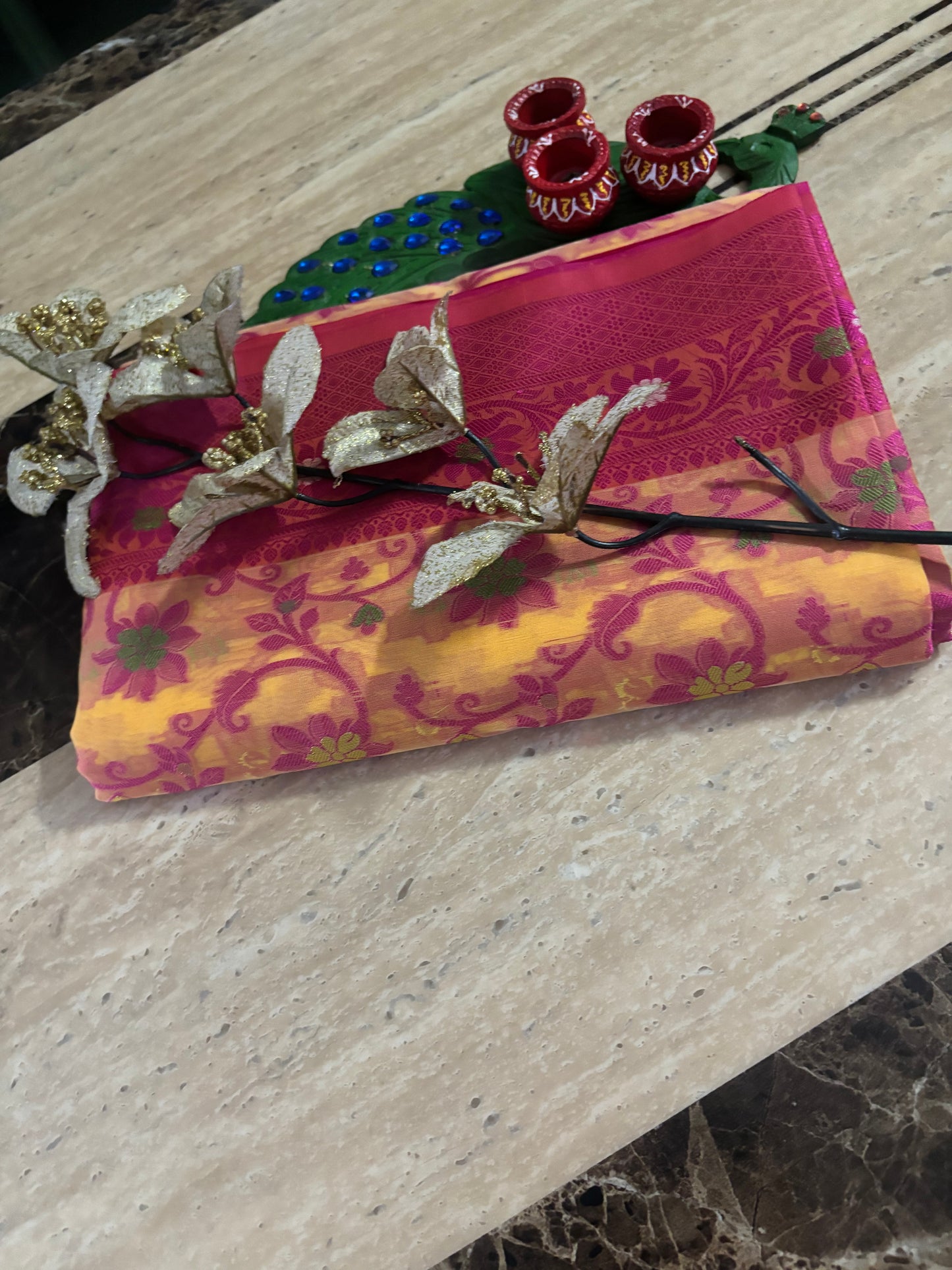KORRA SAREE -YELLOW BACKGROUND RICH PINK ZAAL ZARI WORK IN WHOLE  SAREE