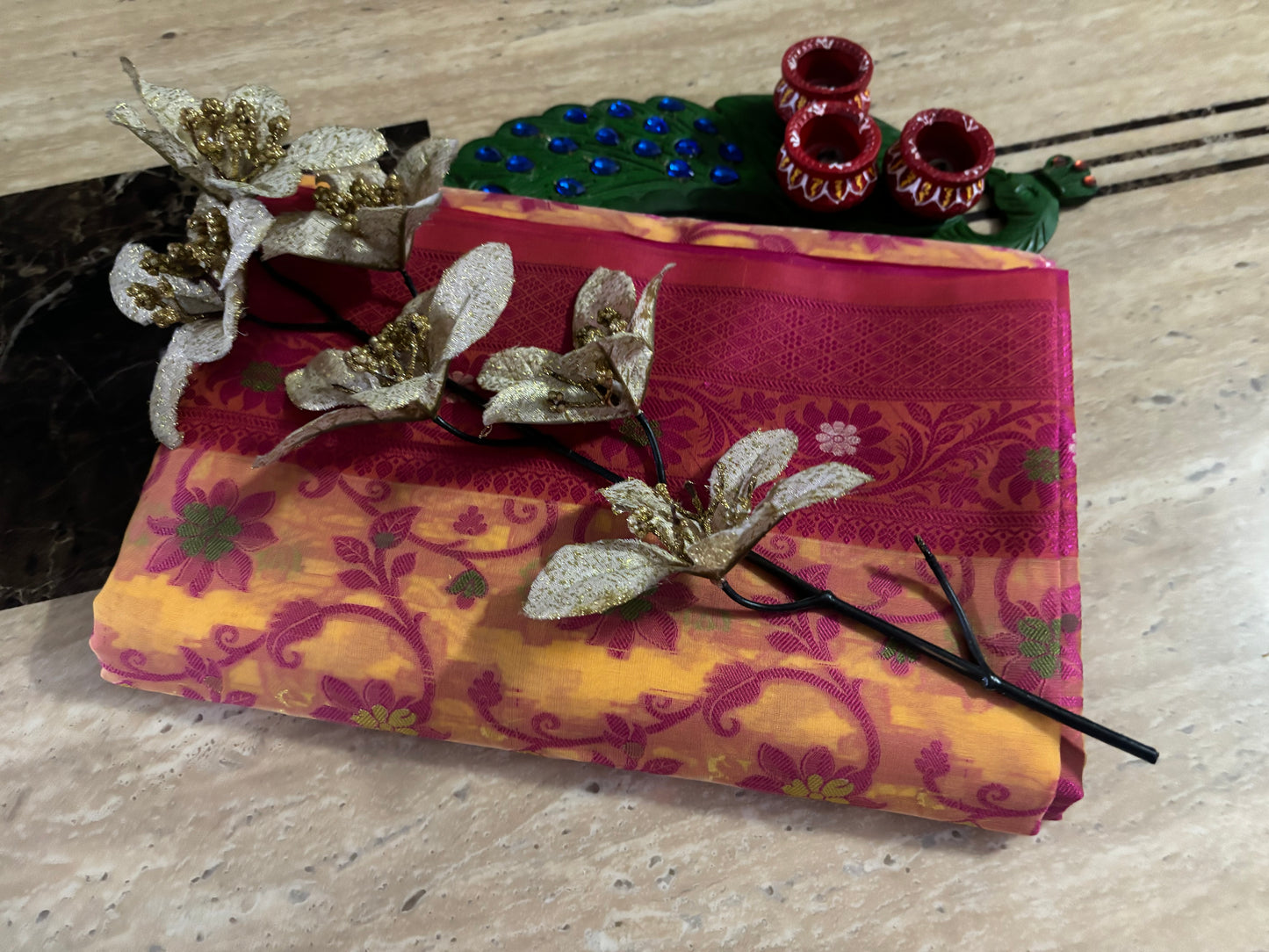 KORRA SAREE -YELLOW BACKGROUND RICH PINK ZAAL ZARI WORK IN WHOLE  SAREE