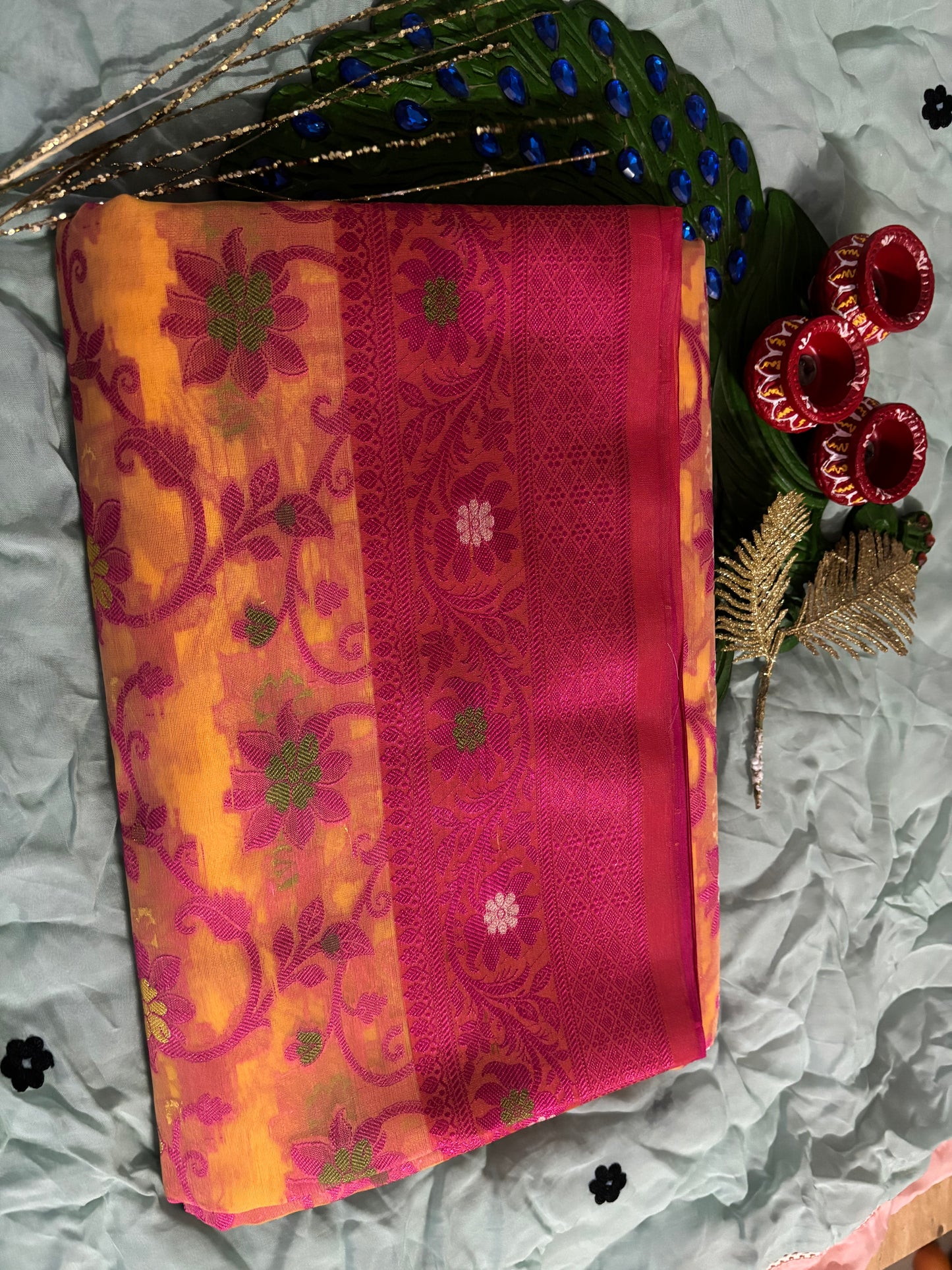KORRA SAREE -YELLOW BACKGROUND RICH PINK ZAAL ZARI WORK IN WHOLE  SAREE