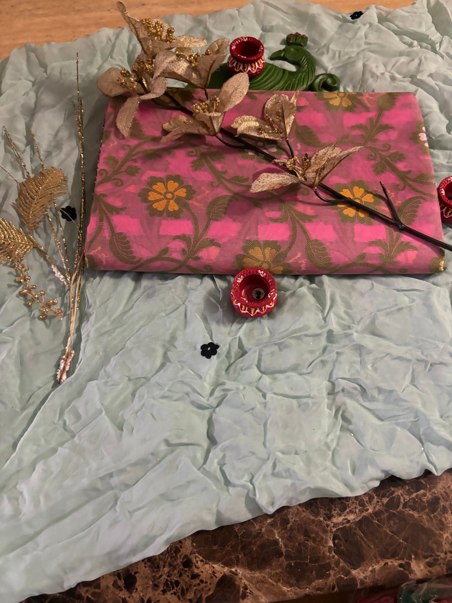 COLOURFULL  ZARI ZAAL BOOTIE WORK ON HOT PINK BACKGROUND KORRA  SILK SAREE