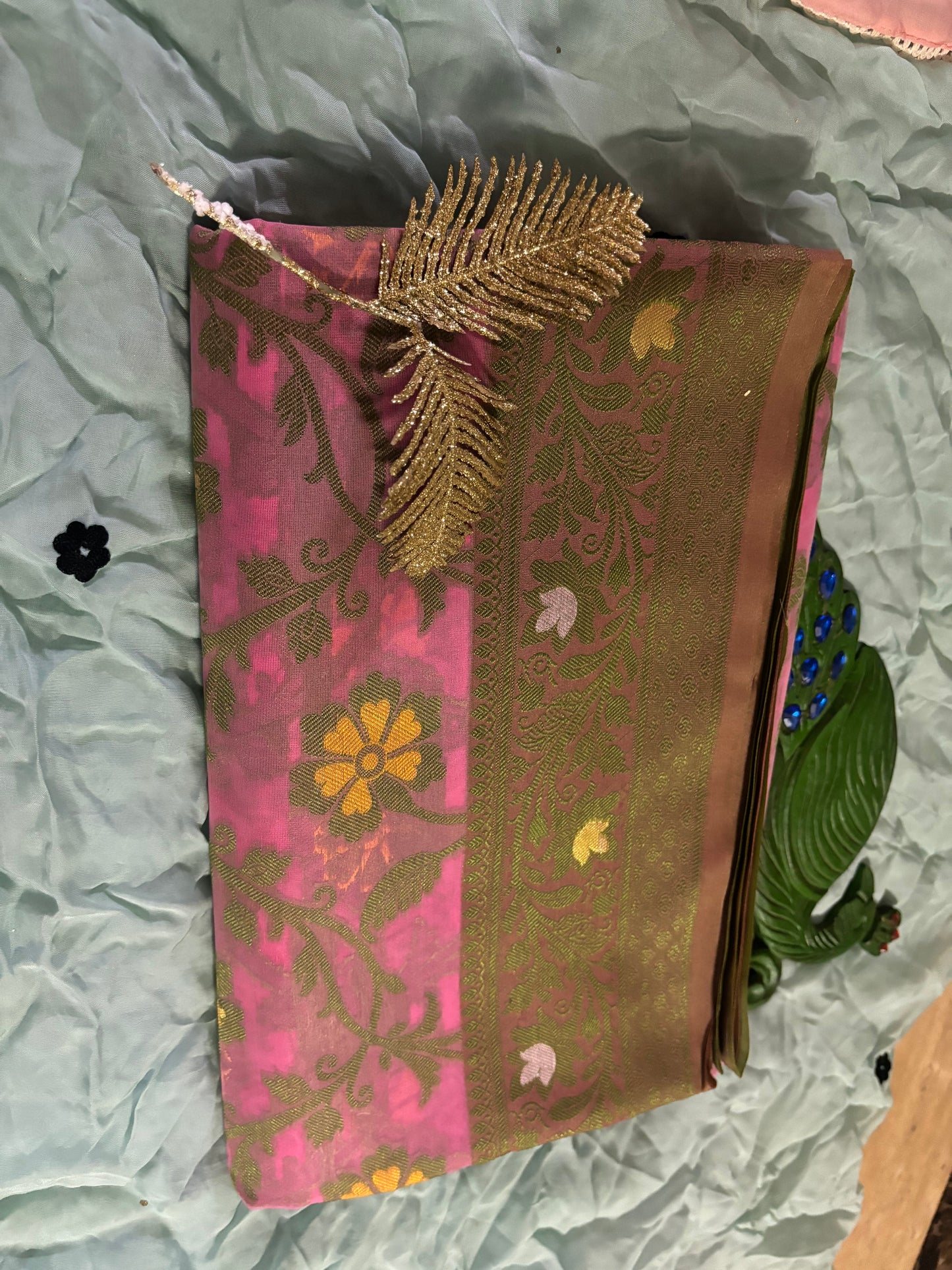 COLOURFULL  ZARI ZAAL BOOTIE WORK ON HOT PINK BACKGROUND KORRA  SILK SAREE
