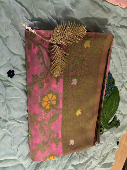 COLOURFULL  ZARI ZAAL BOOTIE WORK ON HOT PINK BACKGROUND KORRA  SILK SAREE