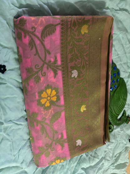 COLOURFULL  ZARI ZAAL BOOTIE WORK ON HOT PINK BACKGROUND KORRA  SILK SAREE