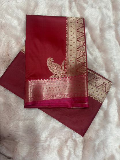 BUTTER SILK , MAROON RED SILK PALLU BORDER SAREE