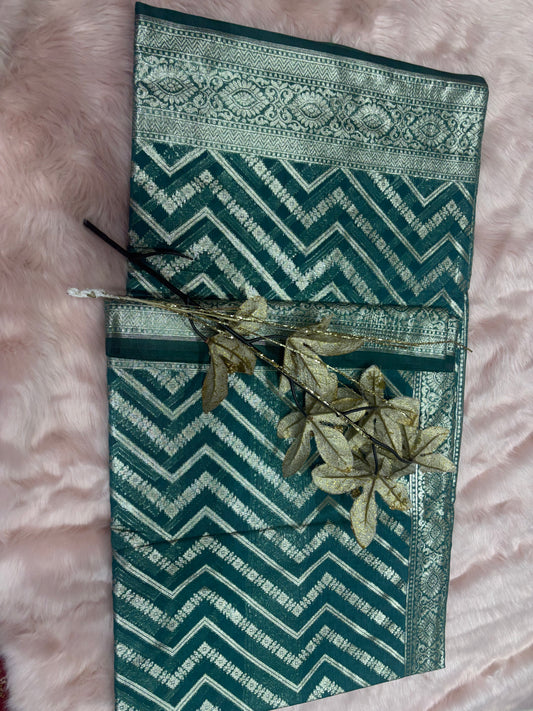BOTTLE GREEN BACKGROUND WITH SILVER RICH  PATTERN ROLEX COTTON SAREE