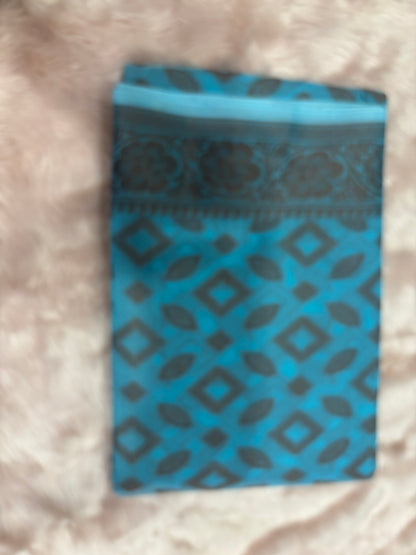 AEGEAN BLUE BACKGROUND WITH COPPER PATTERN COTTON SAREE