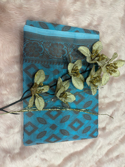 AEGEAN BLUE BACKGROUND WITH COPPER PATTERN COTTON SAREE
