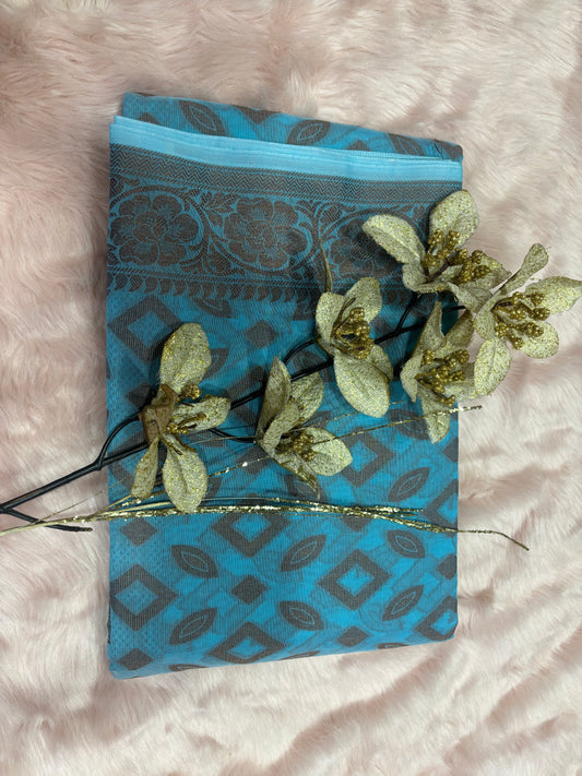 AEGEAN BLUE BACKGROUND WITH COPPER PATTERN COTTON SAREE