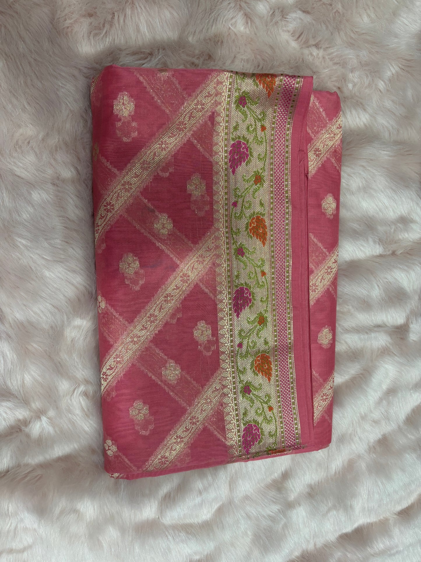 PINK BACKGROUND WITH STRIPE PATTERN AND BOOTIES IN WHOLE SAREE