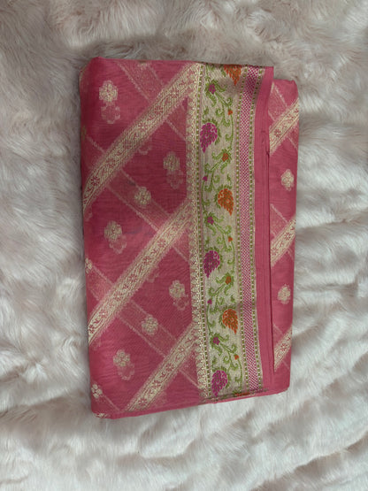 PINK BACKGROUND WITH STRIPE PATTERN AND BOOTIES IN WHOLE SAREE