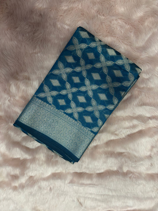 AEGEAN BLUE BACKGROUND WITH SILVERPATTERN ZARI WORK MONIKA SILK SAREE