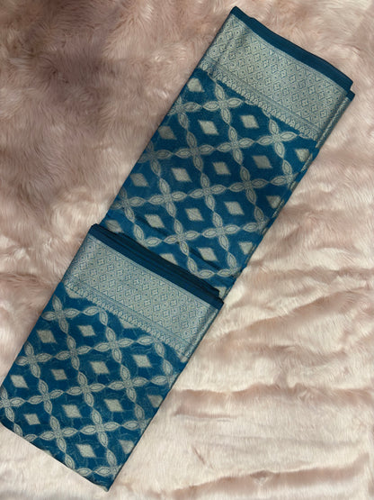 AEGEAN BLUE BACKGROUND WITH SILVERPATTERN ZARI WORK MONIKA SILK SAREE