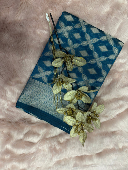 AEGEAN BLUE BACKGROUND WITH SILVERPATTERN ZARI WORK MONIKA SILK SAREE
