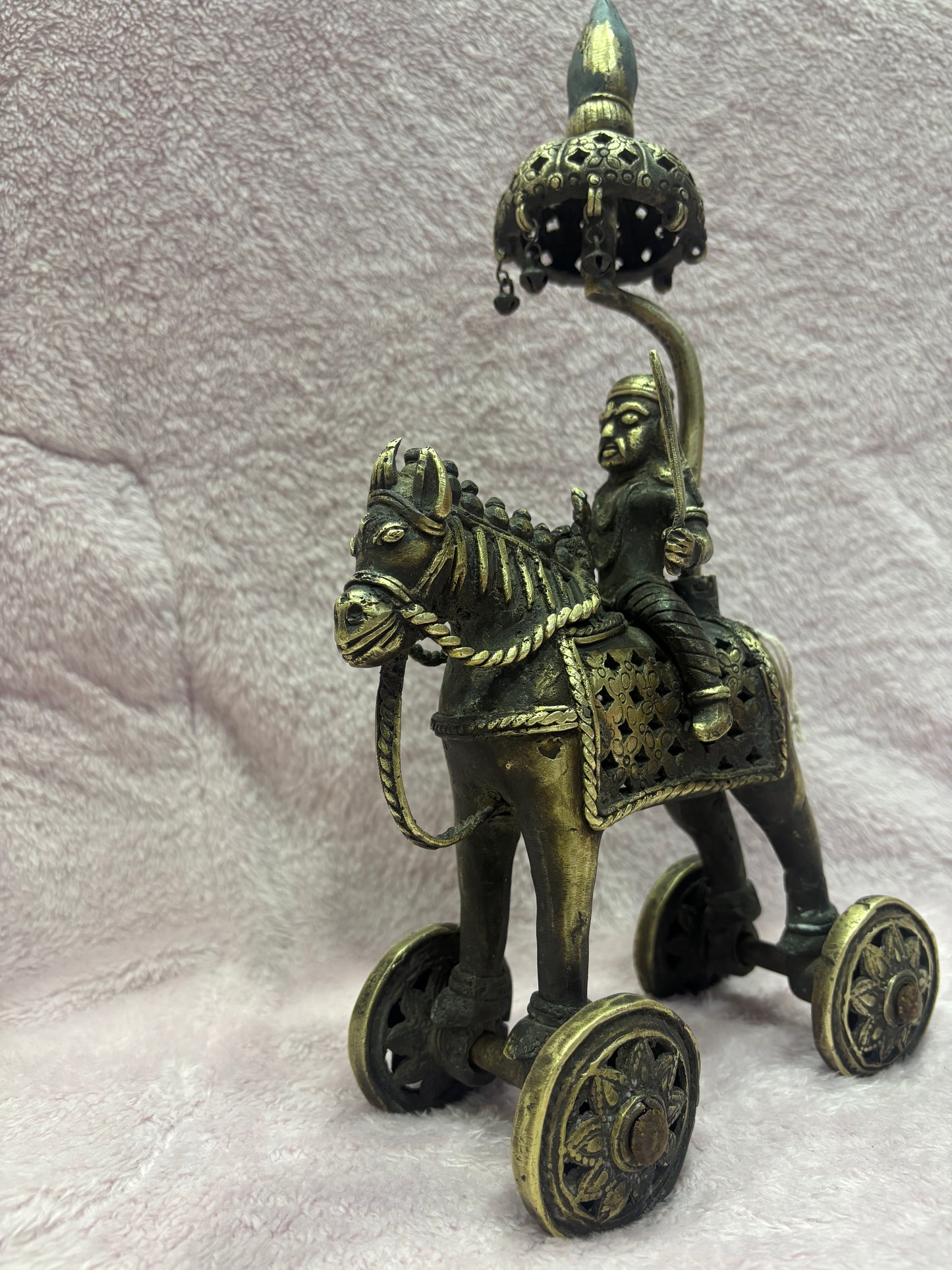 Z .ANTIQUE FORM STATUES OF A HORSE WITH SOLDIER RIDER
