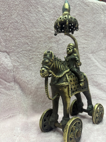 Z .ANTIQUE FORM STATUES OF A HORSE WITH SOLDIER RIDER